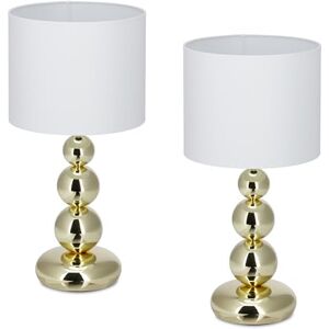 Relaxdays set van 2 tafellampen, metalen voet en stoffen kap, E27, Ø25 cm, rond, wit-goud Relaxdays set van 2 tafellampen, metalen voet en stoffen kap, E27, Ø25 cm, rond, wit-goud