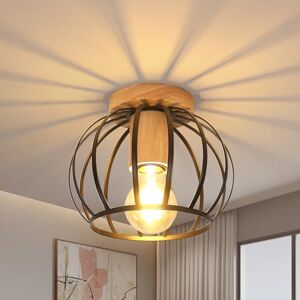 Comely Plafondlamp, vintage, industriële plafondlamp E27 in kooivorm, moderne kroonluchter met houten sokkel, voor hal, slaapkamer, keuken, balkon, ingang, zwart Comely Plafondlamp, vintage, industriële plafondlamp E27 in kooivorm, moderne kroonluchter met houten sokkel, voor hal, slaapkamer, keuken, balkon, ingang, zwart