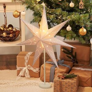 SALCAR Papieren ster Ø 55 cm, LED-tafellamp voor Kerstmis, interieur, verlichtingslamp met witte ijzeren voet en E27 gloeilamp, warmwit SALCAR Papieren ster Ø 55 cm, LED-tafellamp voor Kerstmis, interieur, verlichtingslamp met witte ijzeren voet en E27 gloeilamp, warmwit