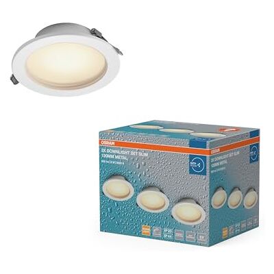 OSRAM LED-inbouwspots Essential IP44, diameter 120 mm, 8 W, metaal, set van 3 downlights voor badkamer, staal, warmwit, 3000 K OSRAM LED-inbouwspots Essential IP44, diameter 120 mm, 8 W, metaal, set van 3 downlights voor badkamer, staal, warmwit, 3000 K