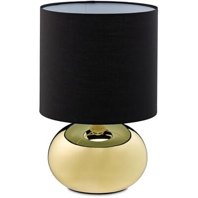Relaxdays tafellamp, metalen voet, stoffen kap, E14, 28x18 cm, goud-zwart, nachtkastje, met snoer Relaxdays tafellamp, metalen voet, stoffen kap, E14, 28x18 cm, goud-zwart, nachtkastje, met snoer