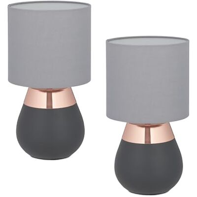 Relaxdays set van 2 tafellampen, stoffen kap, metalen voet, E14, 32x18 cm, schemerlamp, grijs-koper Relaxdays set van 2 tafellampen, stoffen kap, metalen voet, E14, 32x18 cm, schemerlamp, grijs-koper