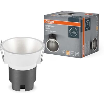 OSRAM SPOT TWIST inbouwdownlight, zilver, 10W, 800lm, 830 WT, 93mm diameter, warm witte lichtkleur, tot 90% energiebesparing t.o.v. halogeen downlights, eenvoudige installatie, 3000K. OSRAM SPOT TWIST inbouwdownlight, zilver, 10W, 800lm, 830 WT, 93mm diameter, warm witte lichtkleur, tot 90% energiebesparing t.o.v. halogeen downlights, eenvoudige installatie, 3000K.