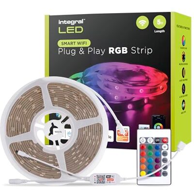 Integral 5 meter RGB ledstrip, kleurverandering, intensiteit, muzieksynchronisatie, Tuya Smart App en afstandsbediening, plug and play, stopcontact (UK), voor binnen Integral 5 meter RGB ledstrip, kleurverandering, intensiteit, muzieksynchronisatie, Tuya Smart App en afstandsbediening, plug and play, stopcontact (UK), voor binnen