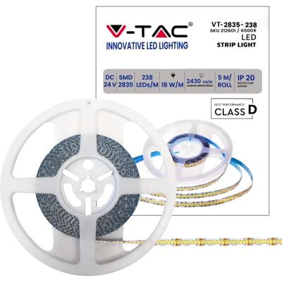 V-TAC Ledstrip voor binnen, SMD 2835, 18 W, 5 meter, zelfklevend, voor thuis, keuken, slaapkamer, interieur, natuurlijk wit licht, 6500 K, hoge helderheid, 24 volt V-TAC Ledstrip voor binnen, SMD 2835, 18 W, 5 meter, zelfklevend, voor thuis, keuken, slaapkamer, interieur, natuurlijk wit licht, 6500 K, hoge helderheid, 24 volt