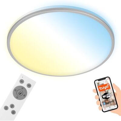 Briloner Smart LED plafondlamp, ronde WiFi woonkamerlamp, kleurtemperatuurregeling, dimbare plafondlamp met afstandsbediening, spraakbesturing, chroom mat, Ø333 mm. Briloner Smart LED plafondlamp, ronde WiFi woonkamerlamp, kleurtemperatuurregeling, dimbare plafondlamp met afstandsbediening, spraakbesturing, chroom mat, Ø333 mm.