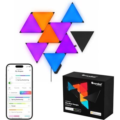 Nanoleaf Shapes Ultra Black driehoekige starterset, 9 slimme driehoekige ledpanelen RGBW modulaire wifi, wandlamp, 16 miljoen kleuren, muziek- en beeldschermsynchronisatie, werkt met Alexa Google Nanoleaf Shapes Ultra Black driehoekige starterset, 9 slimme driehoekige ledpanelen RGBW modulaire wifi, wandlamp, 16 miljoen kleuren, muziek- en beeldschermsynchronisatie, werkt met Alexa Google
