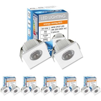 Sigmaled lighting Mini LED inbouwspot 3W dimbaar Warm wit licht 3000K 300 lumen VIERKANT kleine led downlight directe aansluiting 220V / 230V AC 10 stuks (5 doos à 2 stuks) Sigmaled lighting Mini LED inbouwspot 3W dimbaar Warm wit licht 3000K 300 lumen VIERKANT kleine led downlight directe aansluiting 220V / 230V AC 10 stuks (5 doos à 2 stuks)