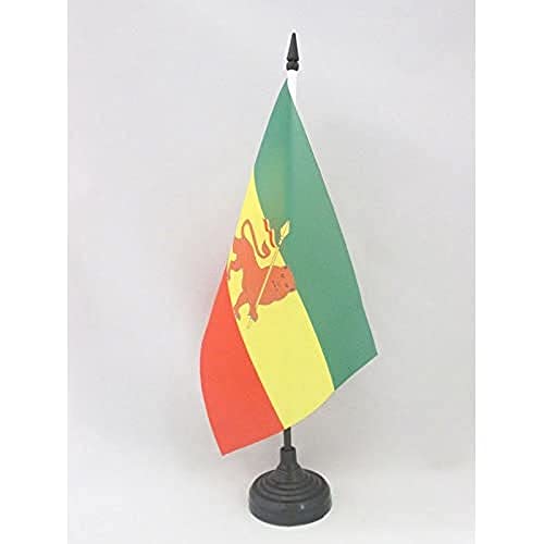 AZ FLAG Ethiopië met leeuw Tafelvlag 14x21 cm Leeuw van Judah Ethiopische Desk Vlag 21 x 14 cm Zwarte plastic stok en voet