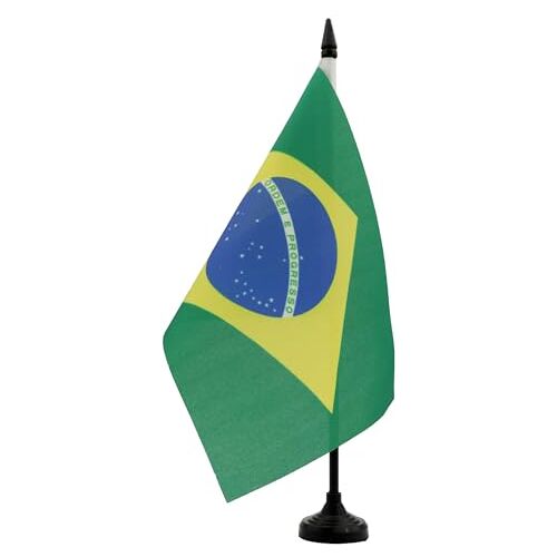 AZ FLAG Brazilië Tafelvlag 14x21 cm Brazilian Desk Vlag 21 x 14 cm Zwarte plastic stok en voet