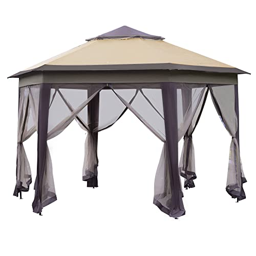Outsunny tuinpaviljoen vouwpaviljoen 4 x 4 m pop-up tent partytent incl. draagtas 6 zijpanelen dubbel dak zeshoekig koffie + beige