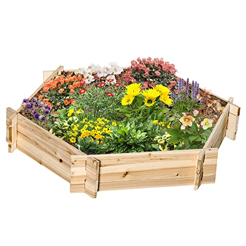 Outsunny verhoogd bed zeshoekige DIY plantenbak gemaakt van hout voor tuin balkon naturel 100 x 92 x 16 cm