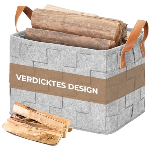 yamagahome Houten mand voor brandhout, groot, opvouwbare gevlochten brandhoutmand, brandhoutmand met leren handvat, brandhoutmand voor brandhout, hout, tijdtongen, 40 x 30 x 30 cm, lichtgrijs