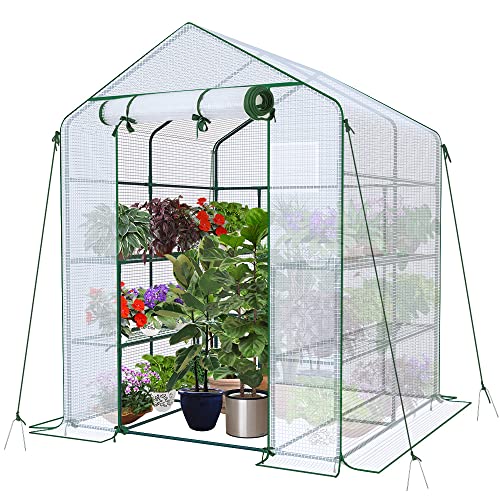 VOUNOT Kas, foliekas, inloopbaar tuinhuisje met 8 planken, tomatenkas, wit, 143 x 143 x 195 cm