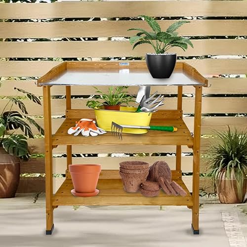 Lendo Online Oppottafel Tuinwerktafel Plantentafel Werktafel voor tuin Tuinwerkbank 76x37x92 cm Vurenhout Bruin (Bruin)