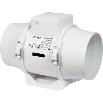 Airflow Aventa 125T Inline-afvoerventilator met timer (2-30 min), 23 W, laag stroomverbruik, debiet 61-78 l/s, 2 snelheden, voor slangen van 125 mm Airflow Aventa 125T Inline-afvoerventilator met timer (2-30 min), 23 W, laag stroomverbruik, debiet 61-78 l/s, 2 snelheden, voor slangen van 125 mm