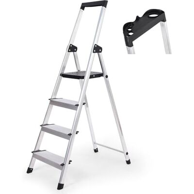 Sekey Aluminium Trapladder 4 Treden 140 cm Opvouwbaar, Met Werkplaatsopbergvak, Antislip, Belastbaar tot 150 kg, TÜV EN131-2, Geschikt voor Huishouden Garage & Tuin Sekey Aluminium Trapladder 4 Treden 140 cm Opvouwbaar, Met Werkplaatsopbergvak, Antislip, Belastbaar tot 150 kg, TÜV EN131-2, Geschikt voor Huishouden Garage & Tuin