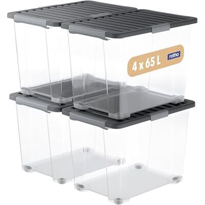 Rotho Core Pro, Opbergdozen 65 L, Set Van 4, Sluiting In Het Deksel Beschermt Tegen Stof En Vocht, Afsluitbare Handgrepen, Geïntegreerde Wielen, Voedselveilig, Modulair Stapelbaar, 59×39,5×41,2 Cm Rotho Core Pro, Opbergdozen 65 L, Set Van 4, Sluiting In Het Deksel Beschermt Tegen Stof En Vocht, Afsluitbare Handgrepen, Geïntegreerde Wielen, Voedselveilig, Modulair Stapelbaar, 59×39,5×41,2 Cm