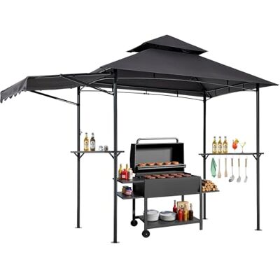 VEVOR Grillpaviljoen, 2,4 x 1,5 m, dubbel gelaagd bovenblad, barbecue-paviljoen met extra luifel, gepoedercoat stalen terrasgrillonderdak met 2 zijplanken, flesopener en haken, outdoor grillluifel VEVOR Grillpaviljoen, 2,4 x 1,5 m, dubbel gelaagd bovenblad, barbecue-paviljoen met extra luifel, gepoedercoat stalen terrasgrillonderdak met 2 zijplanken, flesopener en haken, outdoor grillluifel