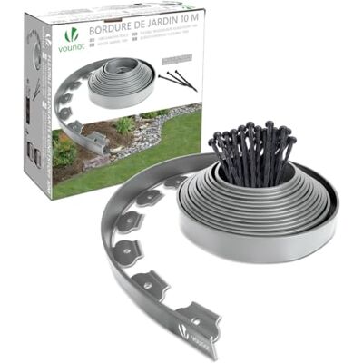 VOUNOT 10 m flexibele gazonrand, kunststof tuinrand met 30 sterke bevestigingspinnen, rand voor gras, grind, paden, opritten, hoogte 5 cm, lichtgrijs VOUNOT 10 m flexibele gazonrand, kunststof tuinrand met 30 sterke bevestigingspinnen, rand voor gras, grind, paden, opritten, hoogte 5 cm, lichtgrijs