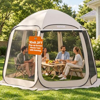 VEVOR Vouwpaviljoen, draagbaar, met muggennet, 3030 x 2650 x 2300 mm, voor 4-8 personen, zeszijdige polygontent, met uittrekbare luifel, draagtas, netzijkanten, voor terrassen, beige VEVOR Vouwpaviljoen, draagbaar, met muggennet, 3030 x 2650 x 2300 mm, voor 4-8 personen, zeszijdige polygontent, met uittrekbare luifel, draagtas, netzijkanten, voor terrassen, beige