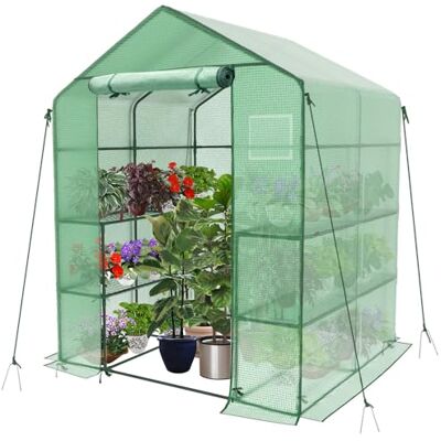 VOUNOT ® Broeikas, Kweekkas, Wandelbare Tuinkas met 8 Planken, Tomatenkas met Ritsdeur en Ventilatievensters, Sterke Metalen Frame 143x143x195cm, Groen VOUNOT ® Broeikas, Kweekkas, Wandelbare Tuinkas met 8 Planken, Tomatenkas met Ritsdeur en Ventilatievensters, Sterke Metalen Frame 143x143x195cm, Groen