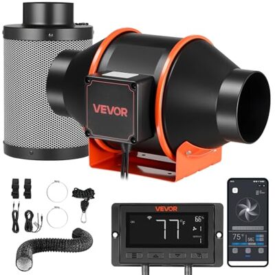 VEVOR 101,6 mm buisventilator met koolfilter, 349 m³/u, inline buisventilator met PWM & app-bediening, kanaalventilator met 10 standen, 9-uurs timer en EC-motor, afzuigventilator voor kas, kelder VEVOR 101,6 mm buisventilator met koolfilter, 349 m³/u, inline buisventilator met PWM & app-bediening, kanaalventilator met 10 standen, 9-uurs timer en EC-motor, afzuigventilator voor kas, kelder