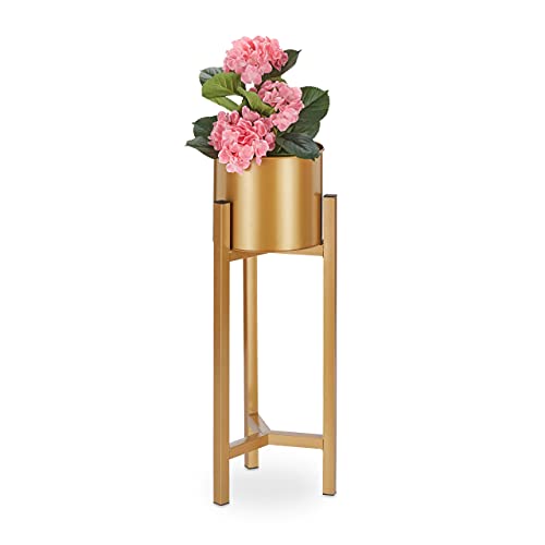 Relaxdays Bloempot standaard, bloemenstandaard inclusief pot, modern, plantenstandaard metaal, HxD: 60 x 21,5 cm, goud