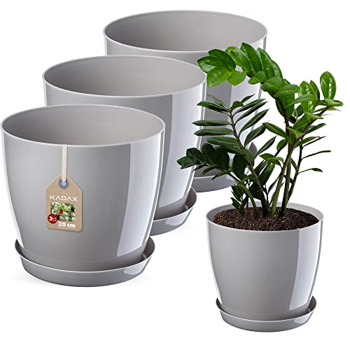 KADAX Bloempot, plantenpotset met onderschotel, bloempot van kunststof, ronde sierpot voor binnenshuis, bloempot voor bloemen en kamerplanten, kruidenpot (set van 3 20 cm, grijs)