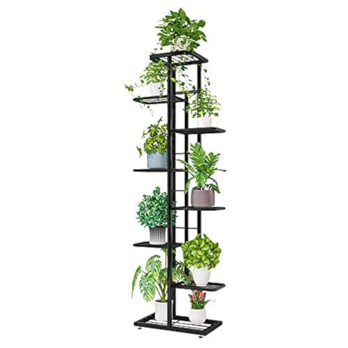 ZZBIQS Bloemenstandaard van metaal met 8 niveaus, 141 cm, bloementrap, moderne plantentrap voor binnen en buiten, tuin, balkon, bloemenrek met meerdere verdiepingen (donkergrijs)