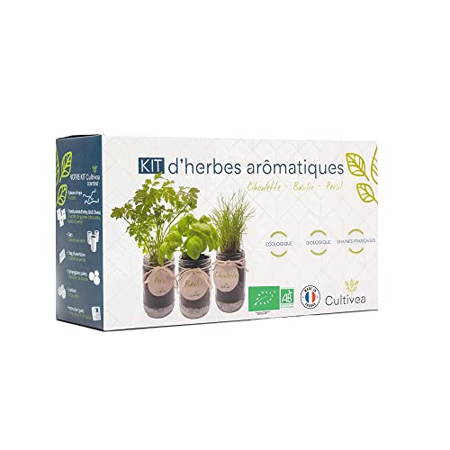 Cultivea ® Aromatische Kruidenkweekkit Franse zaden 100% ecologisch en biologisch Groentetuin binnenshuis Plant (Basilicum, Peterselie en Bieslook) Cadeau-idee (Basilicum, Peterselie en Bieslook)