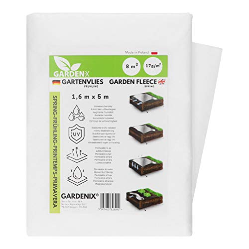 GARDENIX lentetuinvlies van 8 m² met waterdoorlatendheid, voor het afdekken van groentebedden, UV-stabilisatie (1,6 m x 5 m)
