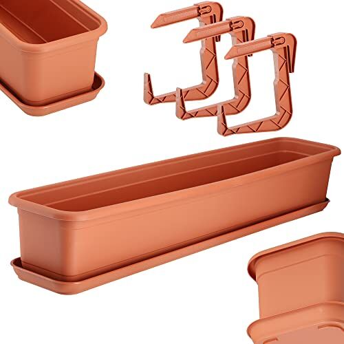 KADAX Wamat, bloembak met onderstel en balkonbakhouder, balkonbak van kunststof, plantenbak voor binnen en buiten, bloempot voor balkon (80 cm, terracotta)