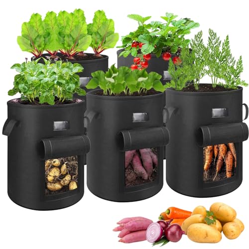 MQVXT 5 stuks aardappelplantzakken,43L plantenzakken met stevige handvatten,aardappelplantzakken met dubbelzijdig klittenbandvensterontwerp,plantenzakken voor aardappelen, groenten en planten,zwart