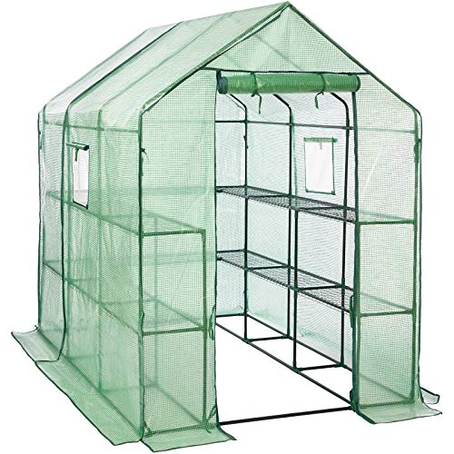 LARMNEE Broek, foliekas, tomatenhuis, inloopbare tomatenkas, PE roosterfolie, 14 planken en 2 ramen, stabiel, tuin, balkon, 145 x 212 x 198 cm, groen EGN13GH02G1