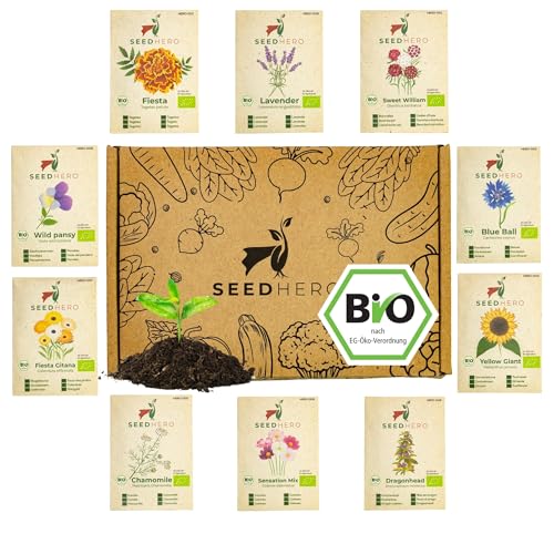 Seedhero Biologische zaden voor eetbare bloemen, 10 soorten bloemzaden van biologische landbouw,  zaadset, set met zonnebloem, kamille, cosmea, lavendel en meer