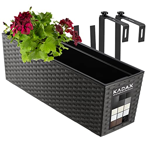 KADAX Bloembak van kunststof, 18,5 x 56 cm, plantenbak met inzet, weerbestendige balkonbak, rechthoekige bloembak, bloempot voor buiten, met houders, rotan patroon, grafiet