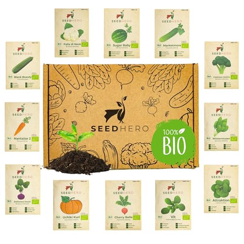 Seedhero Biologische groentezaadset, 12 soorten biologisch geteelde groentezaden, zaadresistente zaden, groenteset van komkommer, radijs, courgette, watermeloen, koolrabi en meer