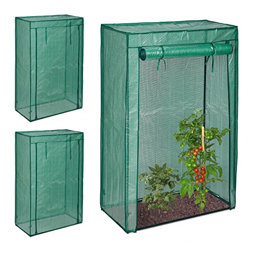 Relaxdays 3x tomatenkas, tuin, balkon, foliekas voor tomaten, HxBxD 150 x 100 x 50 cm, staal & PE-folie, groen