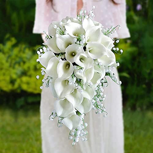 TONZN Boeketten Witte Calla Lelie Kunstmatige Bruiloft Bruidsboeketten, Waterval Vorm Cascading Bruid Holding Bloem Voor Romantische Franse Vintage Kerk Bruiloft