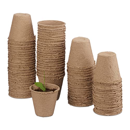 Relaxdays kweekpotjes, set van 80 stuks, Ø 8 cm, voor planten, cellulose, rond, biologisch afbreekbare stekpotjes, beige