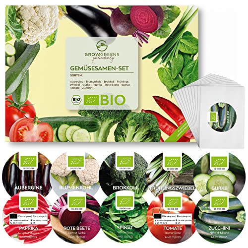 growgreens BIO Groenten zaden Set biologisch met 10 Groentevariëteiten Groentezaden Mix Groeiset voor aanplant ideaal voor Terras, Balkon, Tuin & moestuin