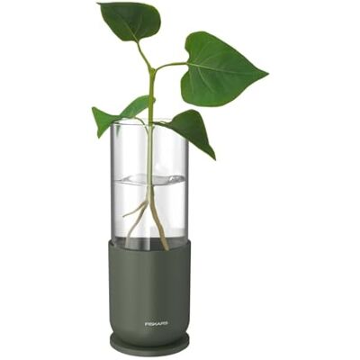 Fiskars Urban Plant Care Kweekglas voor Stekjes, Hoogte 16,5 cm Hoogwaardig Glas en stabiele Metalen standaard, Olijfgroen, 1080911 Fiskars Urban Plant Care Kweekglas voor Stekjes, Hoogte 16,5 cm Hoogwaardig Glas en stabiele Metalen standaard, Olijfgroen, 1080911