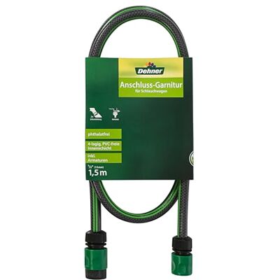 Dehner Aansluitset voor slangwagen incl. armaturen, lengte 1,5 m, 1/2 inch, PVC, tuinslang, grijs/groen/zwart Dehner Aansluitset voor slangwagen incl. armaturen, lengte 1,5 m, 1/2 inch, PVC, tuinslang, grijs/groen/zwart