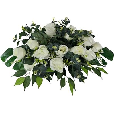 DRW Bloemkussen, begraafplaats, processies, kerken, bruiloften of begraafplaatsen, witte rozen en eucalyptus, kunstschip, 74 x 50 x 30 cm DRW Bloemkussen, begraafplaats, processies, kerken, bruiloften of begraafplaatsen, witte rozen en eucalyptus, kunstschip, 74 x 50 x 30 cm