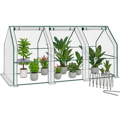 VOUNOT ® Mini Tuinkas 270x90x90 cm, Wandelbare Foliekas met 3 Ritsdeuren, Compact Kweekkas voor Balkon en Tuin, Versterkte PE-Folie 135 g/m², Wit VOUNOT ® Mini Tuinkas 270x90x90 cm, Wandelbare Foliekas met 3 Ritsdeuren, Compact Kweekkas voor Balkon en Tuin, Versterkte PE-Folie 135 g/m², Wit