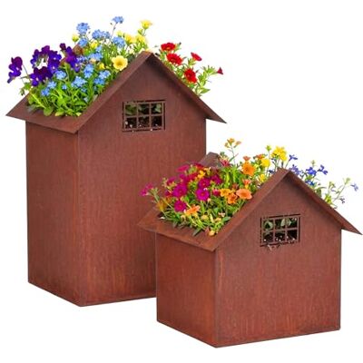 Relaxdays tuindecoratie, set van 2, 2 maten, metaal, bloempotten, lichthuisjes, roestdecoratie voor tuin & balkon, bruin Relaxdays tuindecoratie, set van 2, 2 maten, metaal, bloempotten, lichthuisjes, roestdecoratie voor tuin & balkon, bruin