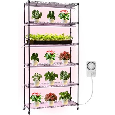 VEVOR Plantenrek met groeilampen, metalen plantenstandaard voor binnen met 6 niveaus, 180 cm hoog display met wielen en timer, 150 W en 3800 K volspectrum-lampen VEVOR Plantenrek met groeilampen, metalen plantenstandaard voor binnen met 6 niveaus, 180 cm hoog display met wielen en timer, 150 W en 3800 K volspectrum-lampen