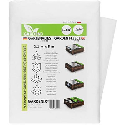 GARDENIX voorjaarstuinvlies van 10,5 m² met waterdoorlatendheid, voor het afdekken van groentebedden, UV-stabilisatie (2,1 m x 5 m) GARDENIX voorjaarstuinvlies van 10,5 m² met waterdoorlatendheid, voor het afdekken van groentebedden, UV-stabilisatie (2,1 m x 5 m)