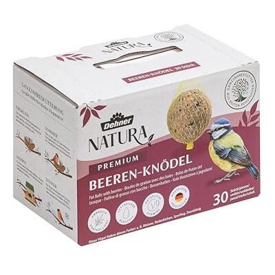 Dehner Natura Premium mezenbollen met net, bessenbolletjes, het hele jaar door, voor wilde vogels, rijk aan eiwitten, rijk aan eiwitten, 30 stuks van 90 g (2,7 kg), karton van FSC-gecertificeerde Dehner Natura Premium mezenbollen met net, bessenbolletjes, het hele jaar door, voor wilde vogels, rijk aan eiwitten, rijk aan eiwitten, 30 stuks van 90 g (2,7 kg), karton van FSC-gecertificeerde